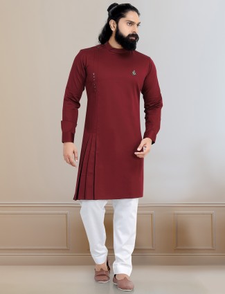 Festive Wear maroon solid cotton kurta for mens