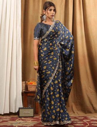 Festive wear printed navy satin saree