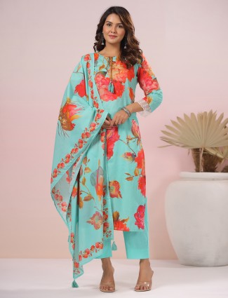Floral printed aqua cotton kurti set