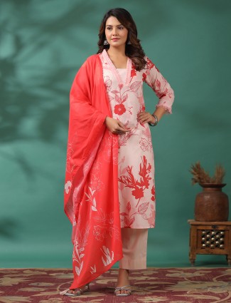Floral printed cotton kurti set in red