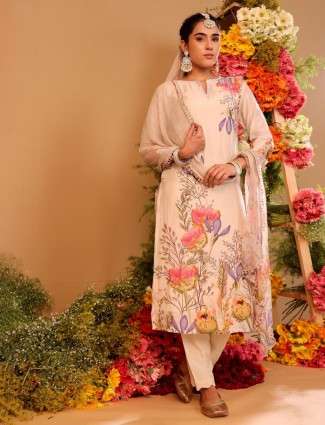 Floral printed cream silk salwar suit