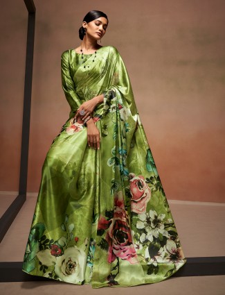 Floral printed green saree