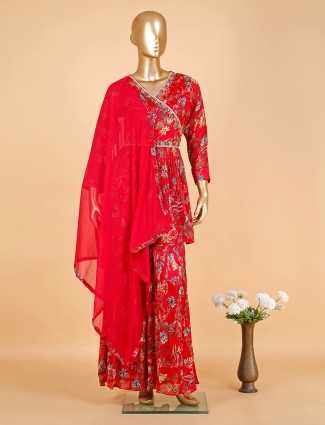 Floral printed red sharara suit with dupatta