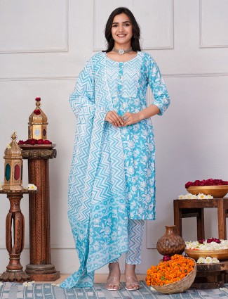 Floral printed sky blue kurti set in cotton