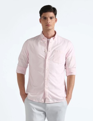 Flying Machine light pink cotton plain shirt