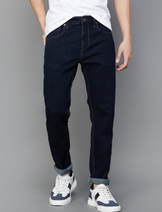 Flying Machine navy solid slim tapered fit jeans