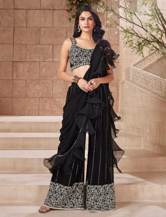 Georgette black palazzo suit with ruffle dupatta