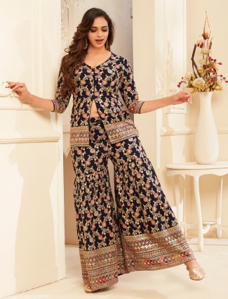Georgette navy embroidery sharara suit