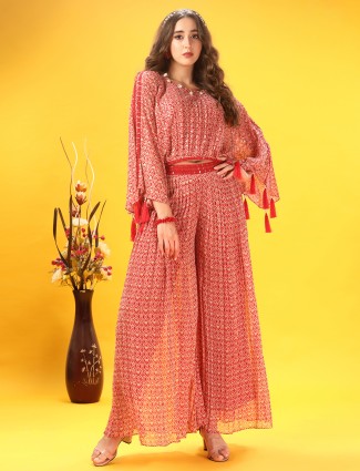 Georgette red festive wear printed palazzo suit