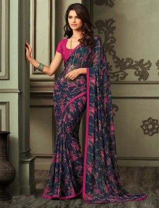 Georgette saree in navy for festive occasion