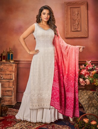 Georgette white palazzo suit with printed dupatta