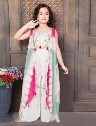 Georgette white palazzo suit with printed shrug