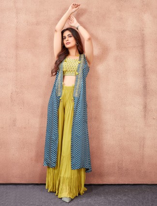 Georgette yellow jacket style palazzo suit