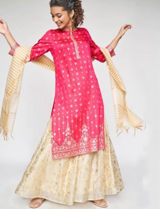Global Desi magenta stunning printed cotton casual wear kurti