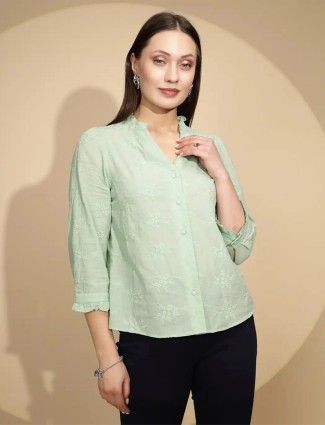 GLOBAL REPUBLIC pista green embroidery shirt