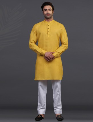Gold linen half buttoned placket kurta suit