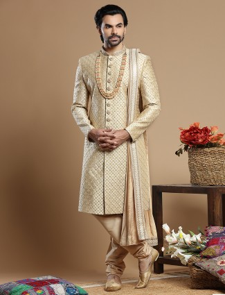 Golden hued silk fabric designer sherwani