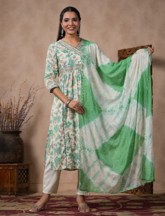 Green and off white printed kurti set