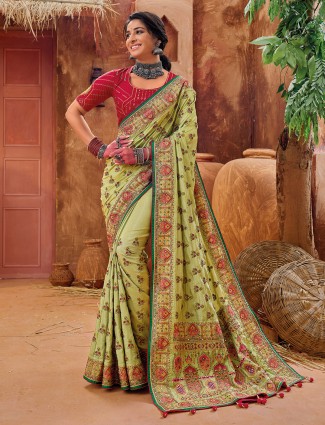 Green banarasi silk saree with kachhi work