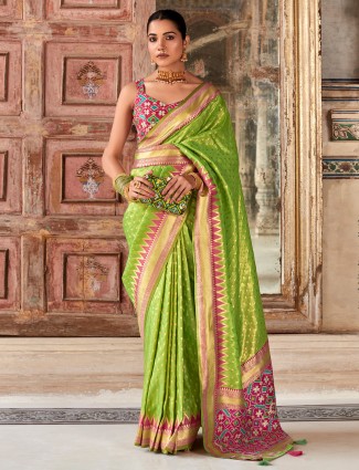 Green banarasi silk saree with printed pallu