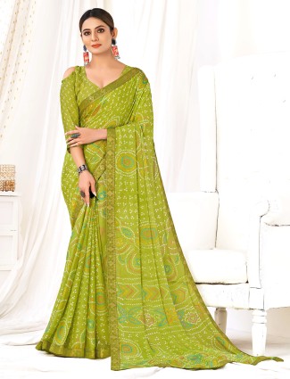 Green bandhani printed chiffon saree