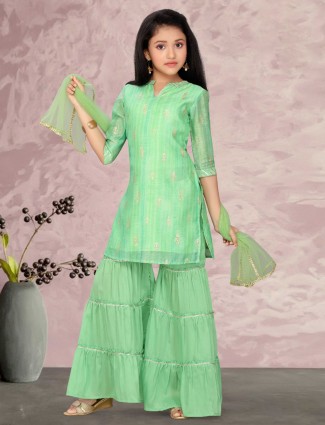 Green cotton silk zari decorated sharara suit for girls