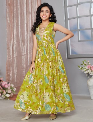 Green georgette printed gown