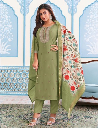 Green salwar suit with floral printed dupatta