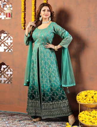 Green shaded georgette palazzo suit with dupatta