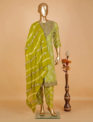 Green silk bandhej printed salwar suit