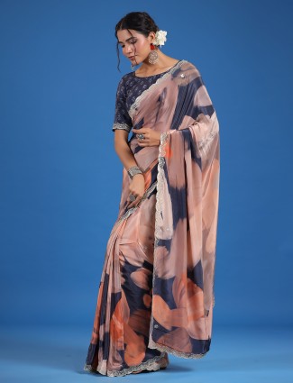 Grey and peach printed muslin silk saree