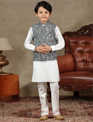 Grey and white cotton waistcoat set for boys