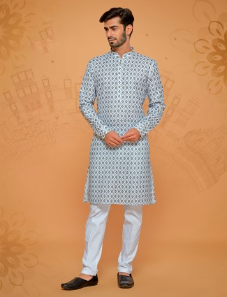 Grey and white kurta suit in linen cotton