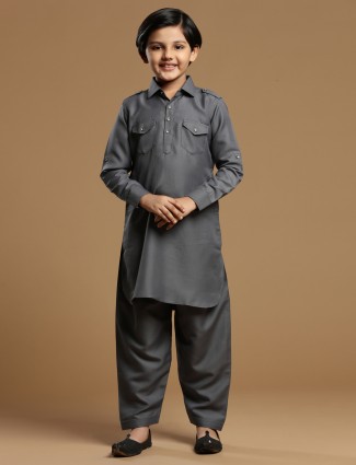 Grey boys festive events cotton silk plain pathani suit