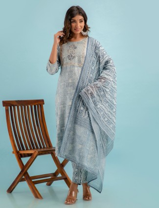 Grey cotton kurti set in printed