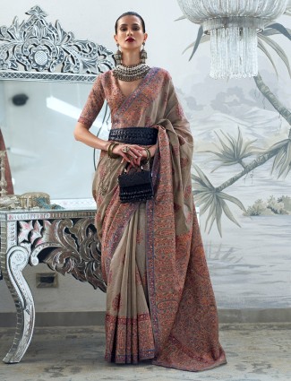 Grey modal silk saree with kashmiri woven