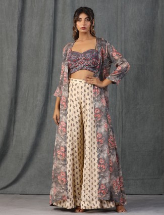 Buy Chinon Crop Top with Plazzo and Jacket | Kanchan Fashion