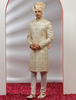 Groom wear raw silk sherwani in cream for men