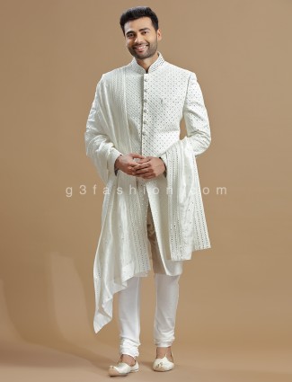 Groom wear raw silk white sherwani