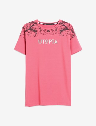 Hats Off coral pink cotton printed t shirt