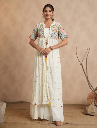 Jacket style white georgette palazzo suit