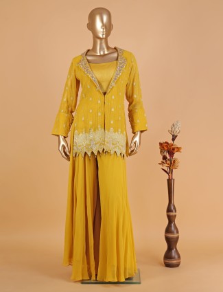 Jacket style yellow palazzo suit in georgette