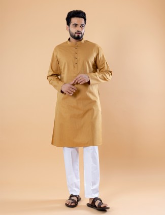 Khaki plain cotton kurta suit