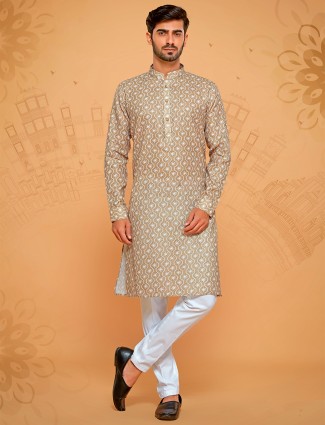 Khaki printed kurta suit in linen cotton