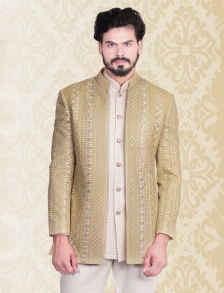 Khaki silk indowestern for wedding