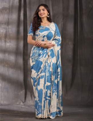 Latest blue muslin printed saree