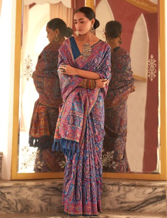 Latest blue pashmina silk saree