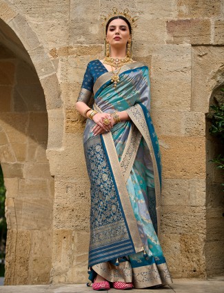 Latest blue silk zari weaving saree