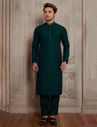 Latest bottle green silk kurta suit