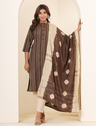 Latest brown cotton printed kurti set